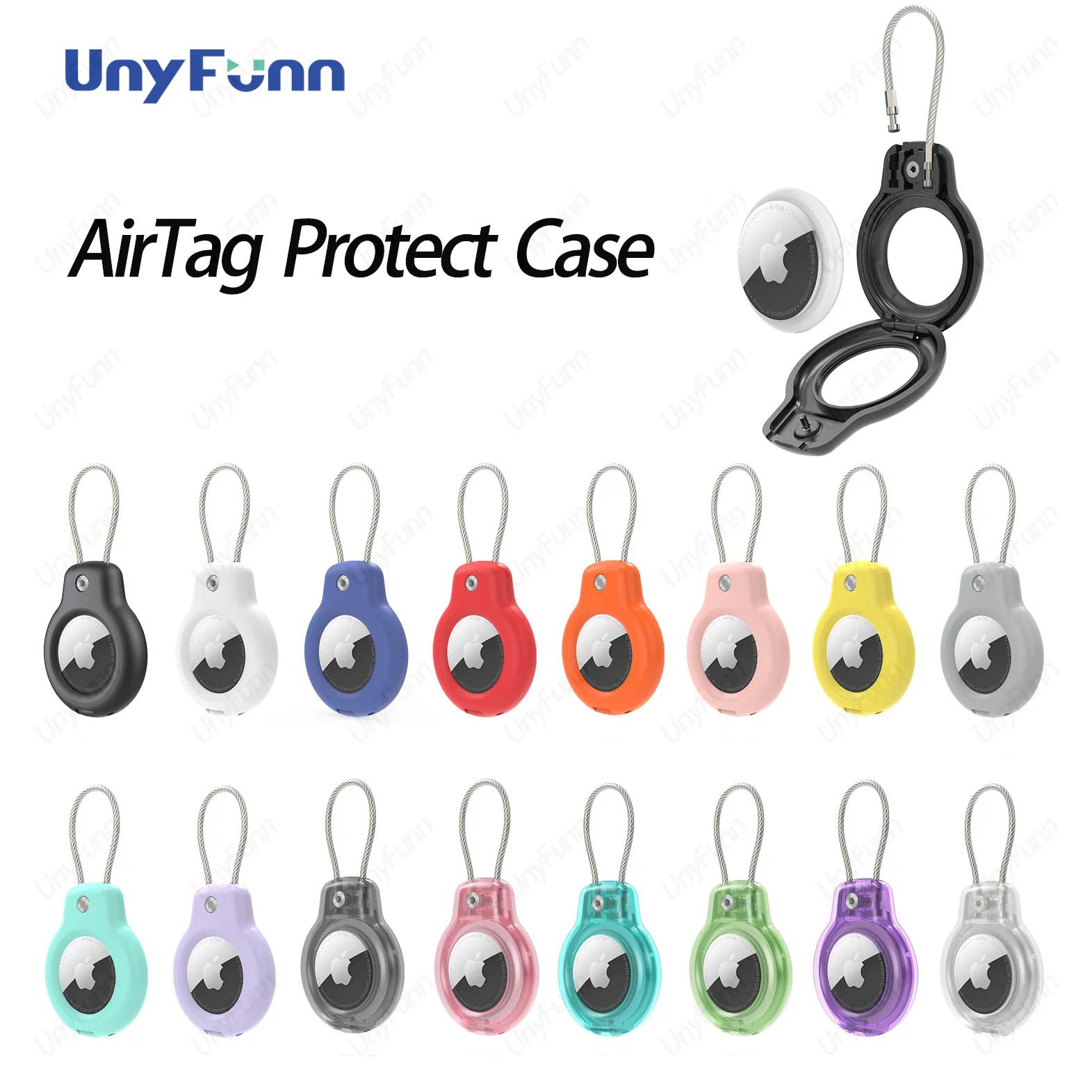 AirTag Keychain Secure Holder Air tag Lock Case with Wire Cable Compatible with Apple AirTag Key Ring Pets Luggage tag for Keys