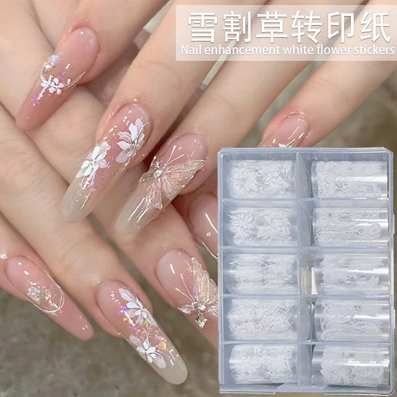 

10 Rolls 50*4cm White Flowers Nail Art Sticker Transfer Paper Foils Florals Nail Slider Hand-Painted Fairy Ice Butterfly Decors*