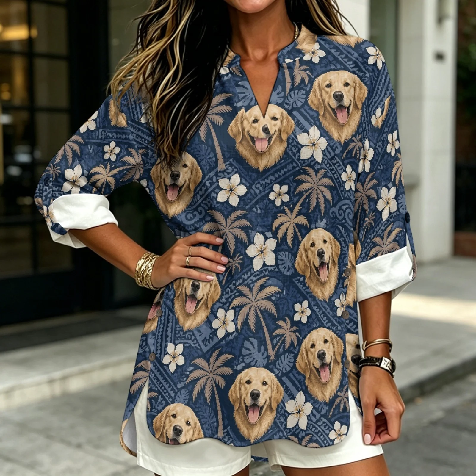 PENSTROLL Dog Palm Print Trendy Tunic Tops for Mujer Linen Style Notch V Neck Blouses Long Sleeve Blouses