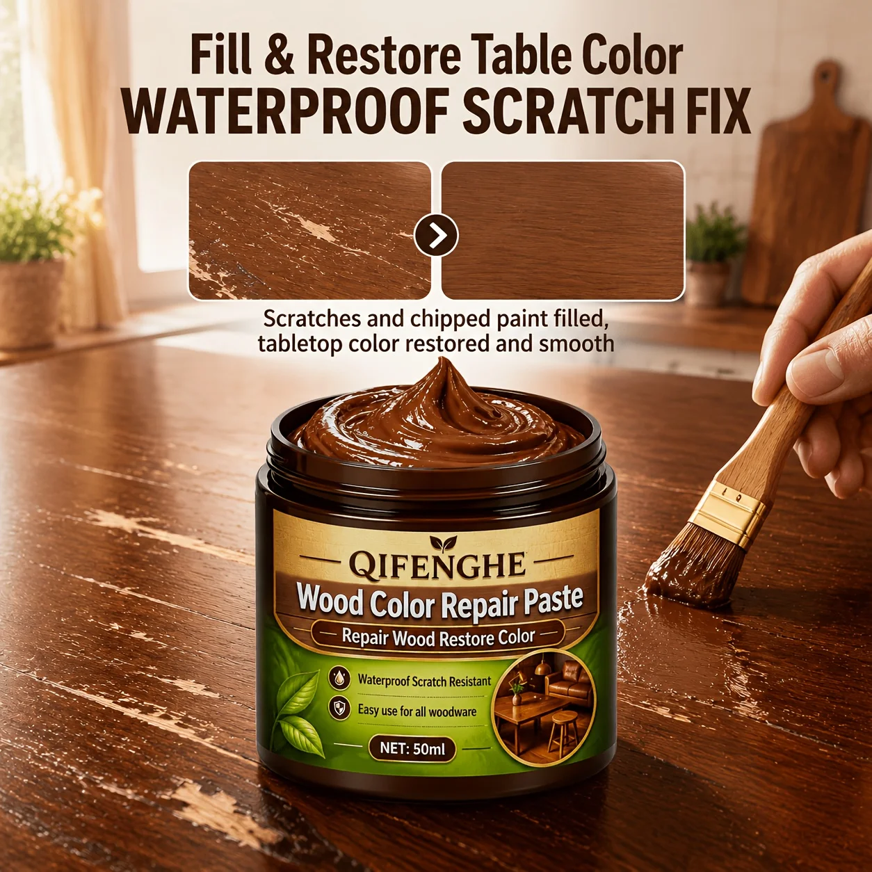 Wood Furniture Repair Paste, Scratch Filler & Color Restorer for Wooden Table, Floor, Cabinet & Lamp