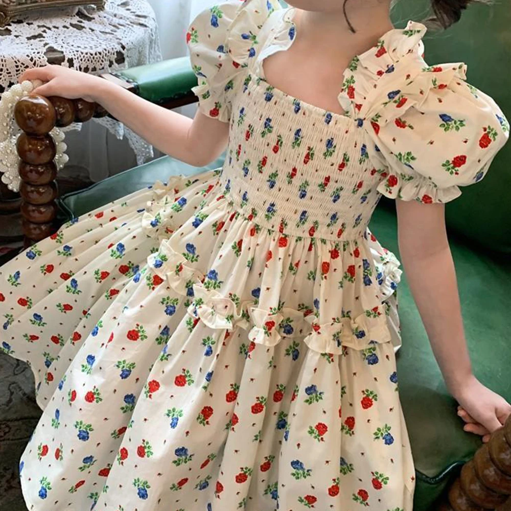 Sweet Flower Girls Princess Dress Summer Puff Sleeve Floral Girl Casual Dresses New Korean Fashion Children's Clothing Vestidos