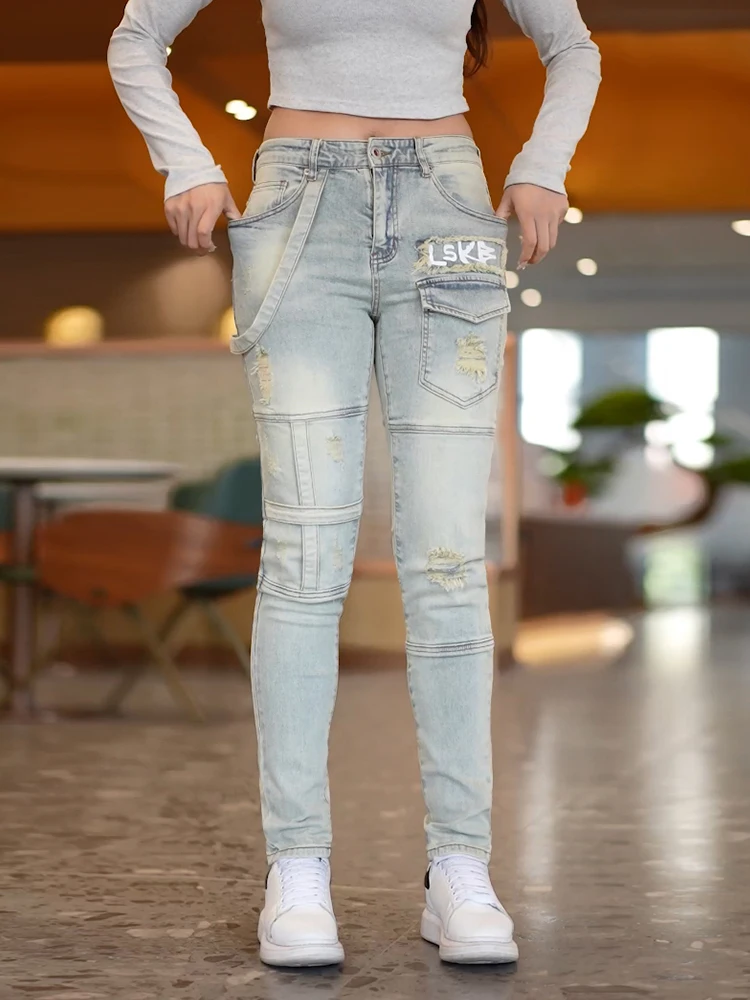 

High-End Men's Retro American Print Jeans Elastic Waed Slim Fit Casual Pants Splicing Pattern Comfortable Wear Resistant