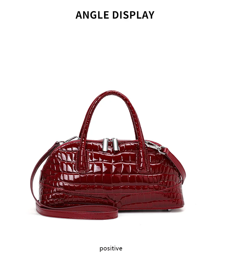 Aidrani Damen-Handtasche aus echtem Rindsleder mit Krokodilmuster - Glänzende Umhängetasche im Bowling-Stil – Detail 9