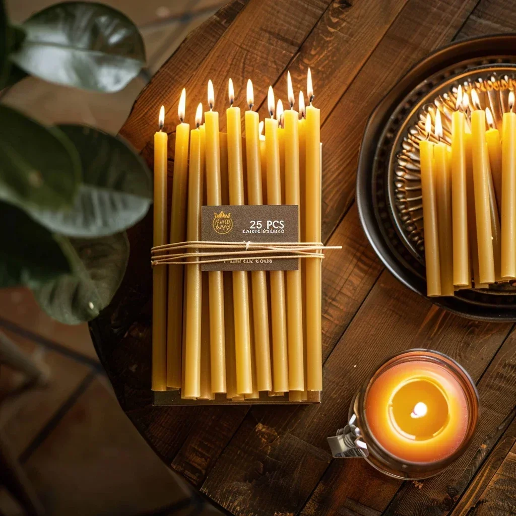 25PCS/1PACK Hanukkah Candle Natural Beeswax Chanukah Candles Thin Taper Honey Candles for Ritual Birthday Unscented