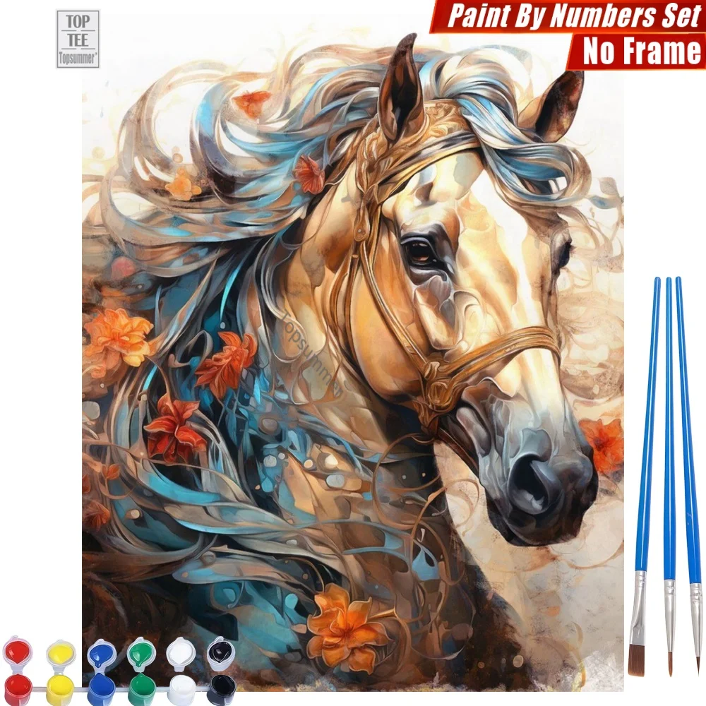 

Elegant Metallic Horse DIY Digital Oil Paints Set - Flowing Mane Flowers Abstract Wall Art Thanksgiving Day Gift For Grandma