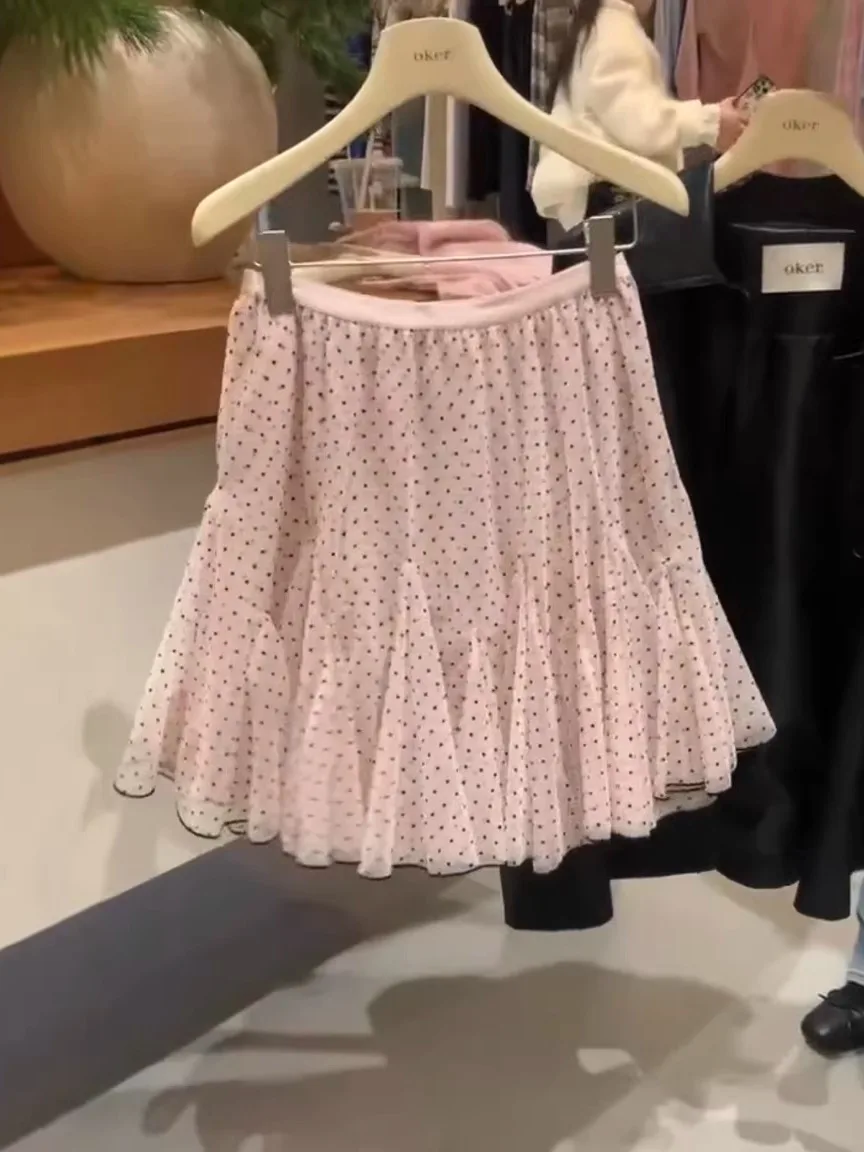 

Новая женская юбка-трапеция в розовый горошек в нежном стиле, весенняя, маленького размера, многоярусная, модная, молодежная, с высокой талией, на резинке