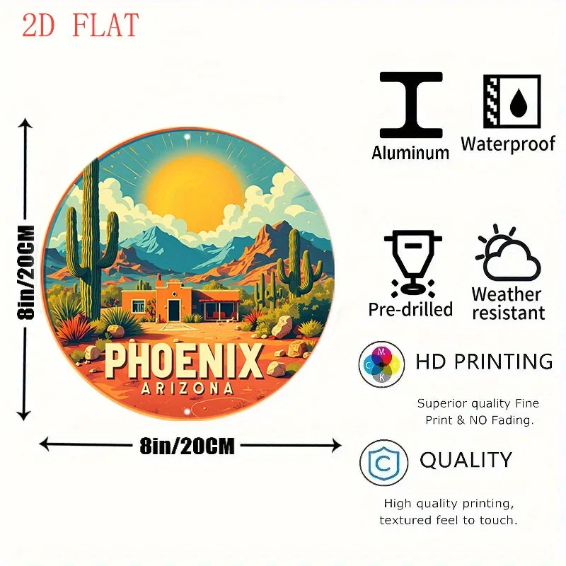 2D Flat - [2D Plane]8-Inch Round Aluminum Wall Sign Depicting a Phoenix, Arizona Desert Landscape with Cacti And Sun | 1 Pack, P