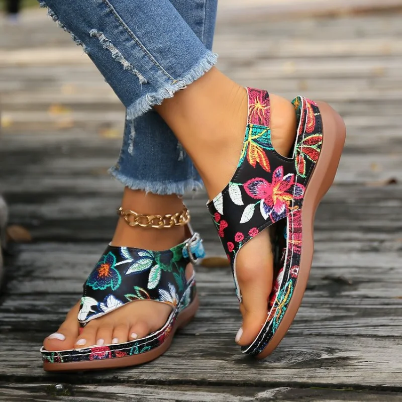 Women Floral Print Thong Wedge Sandals, Ankle Strap Platform Flip Flops, Bohemian Elevated Casual Outdoor Ladies Thong Sandals