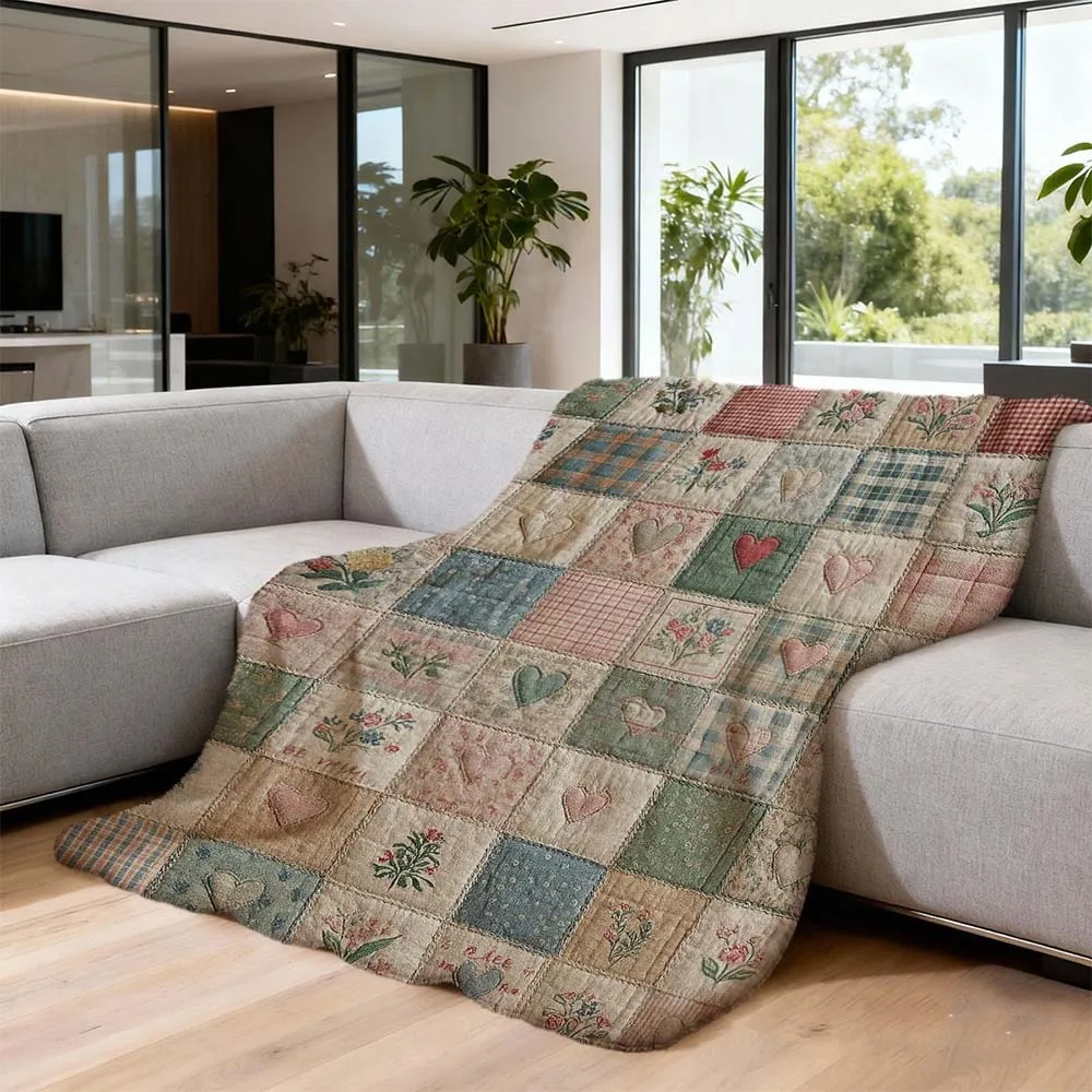 1pc  Vintage Heart Floral Patchwork Quilted Throw Blanket Cozy Farmhouse Home Decor Blanket for Couch Bed Sofa