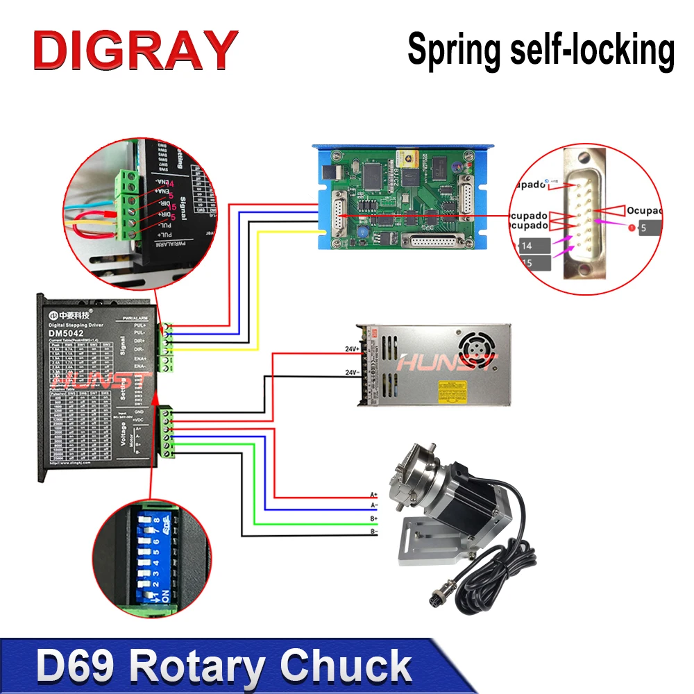 DIGRAY D69 CNC Router Laser Marking Machine Rotary Axis Chuck for Ring Bracelet Jewelry Engraving Auto Lock Rotary Attachment