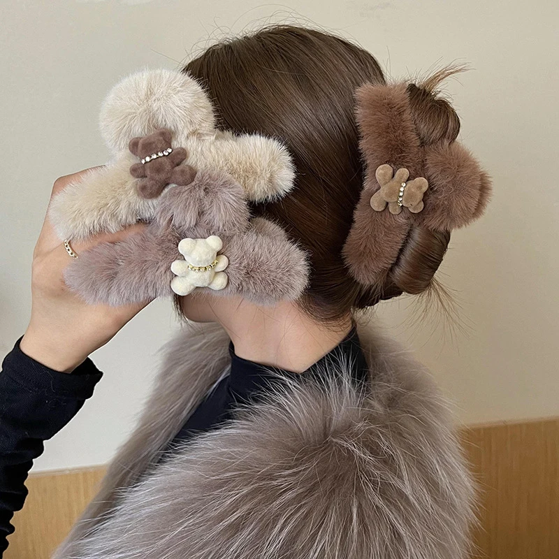 Schattige pluche beer haarspeld mode grote haarklauw paardenstaart haarclip elegante haai clips voor vrouwen herfst winter haaraccessoires