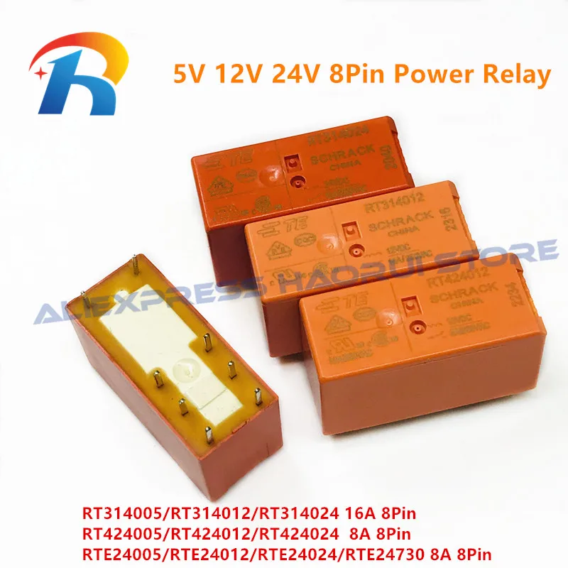 5Pcs Power Relays RT314005 RT314012 RT314024 RT424005 RT424012 RT424024 RTE24005 RTE24012 RTE24024 5V 12V 24V 8A/16A 8Pins Relay