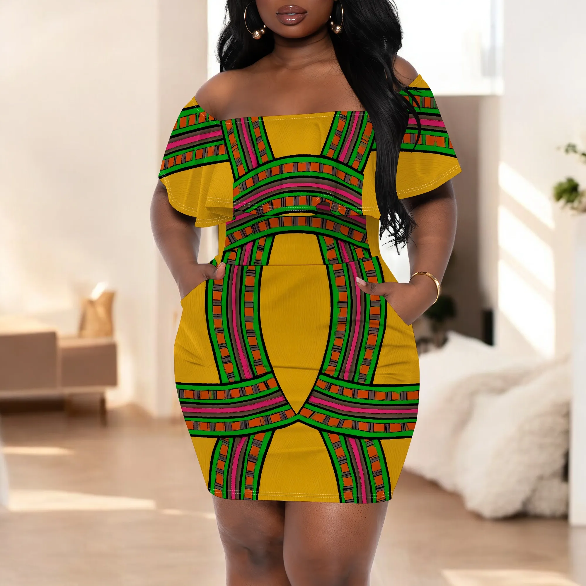 

African Print Off Shoulder Mini Dress S-3XL Yellow Kente Style Pocket Bodycon for Juneteenth, Festival or Culture Day Wear