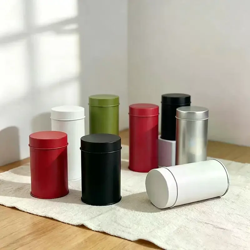 Iron Tea Canister Metal Storage Tin 4 Colors Double-Layered Airtight Lid Cylindrical