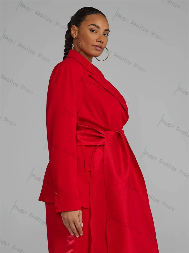 

Red Women Suit Set 2 Piece Blazer Pants Trousers Belted Autumn Fall Cotton Formal Office Lady Customized Jacket Prom Coat