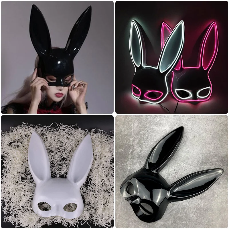 Máscara de Orejas de conejo LED Sexy para mujer, Cosplay de carnaval, fiesta de baile de Navidad, máscara de cuero de conejo lindo, máscara larga de conejo
