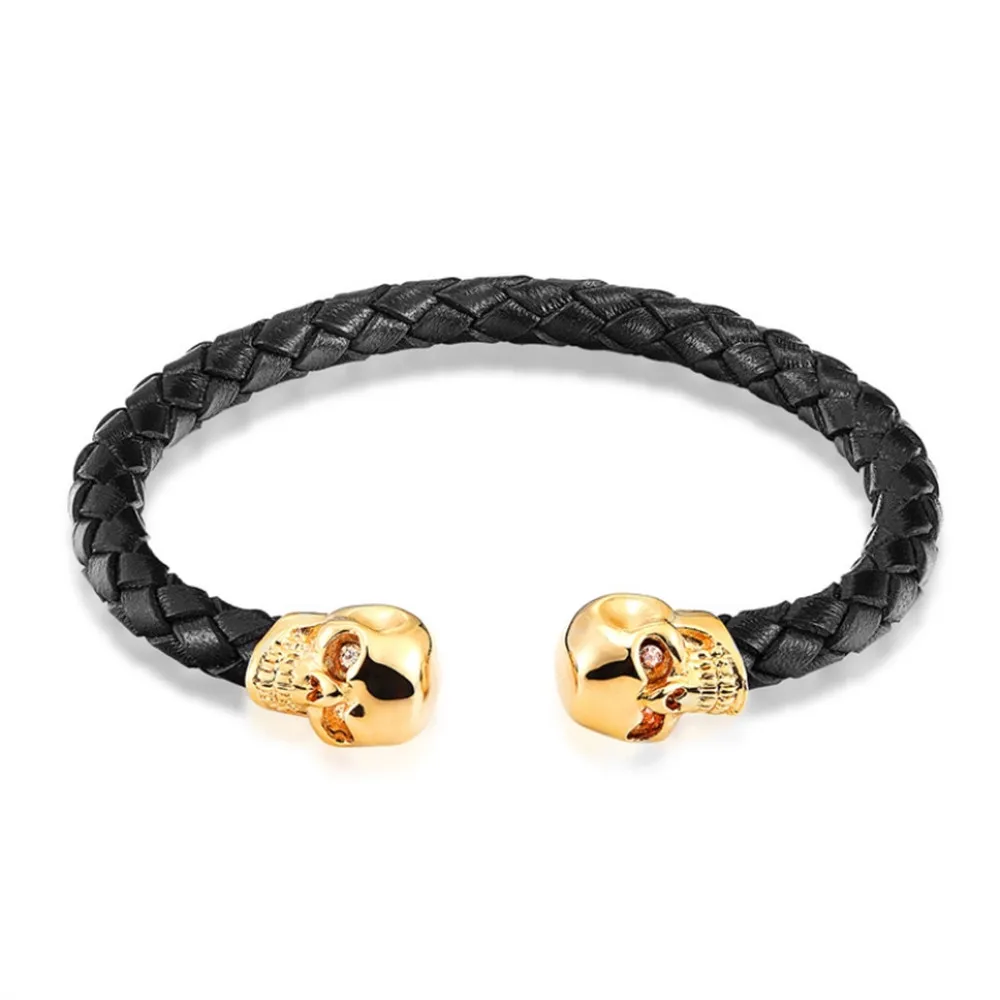 Vintage 3 Colors Skull Bangles Hand Made Top Quality Adjustable Length Stainless Steel Leather Bracelet Charm Bracelets Men Gift