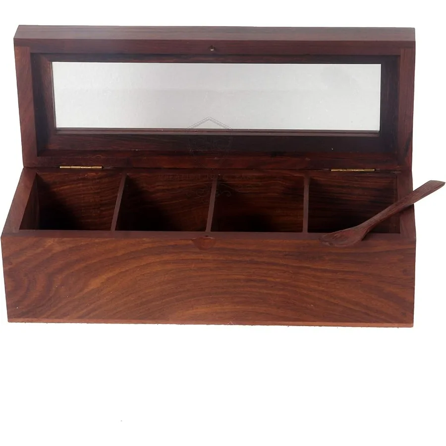 Wooden Spice Box, Masala Container, Condiments Storage Case for Kitchen, Multipurpose Decorative Box - Indian Rosewood Crafted