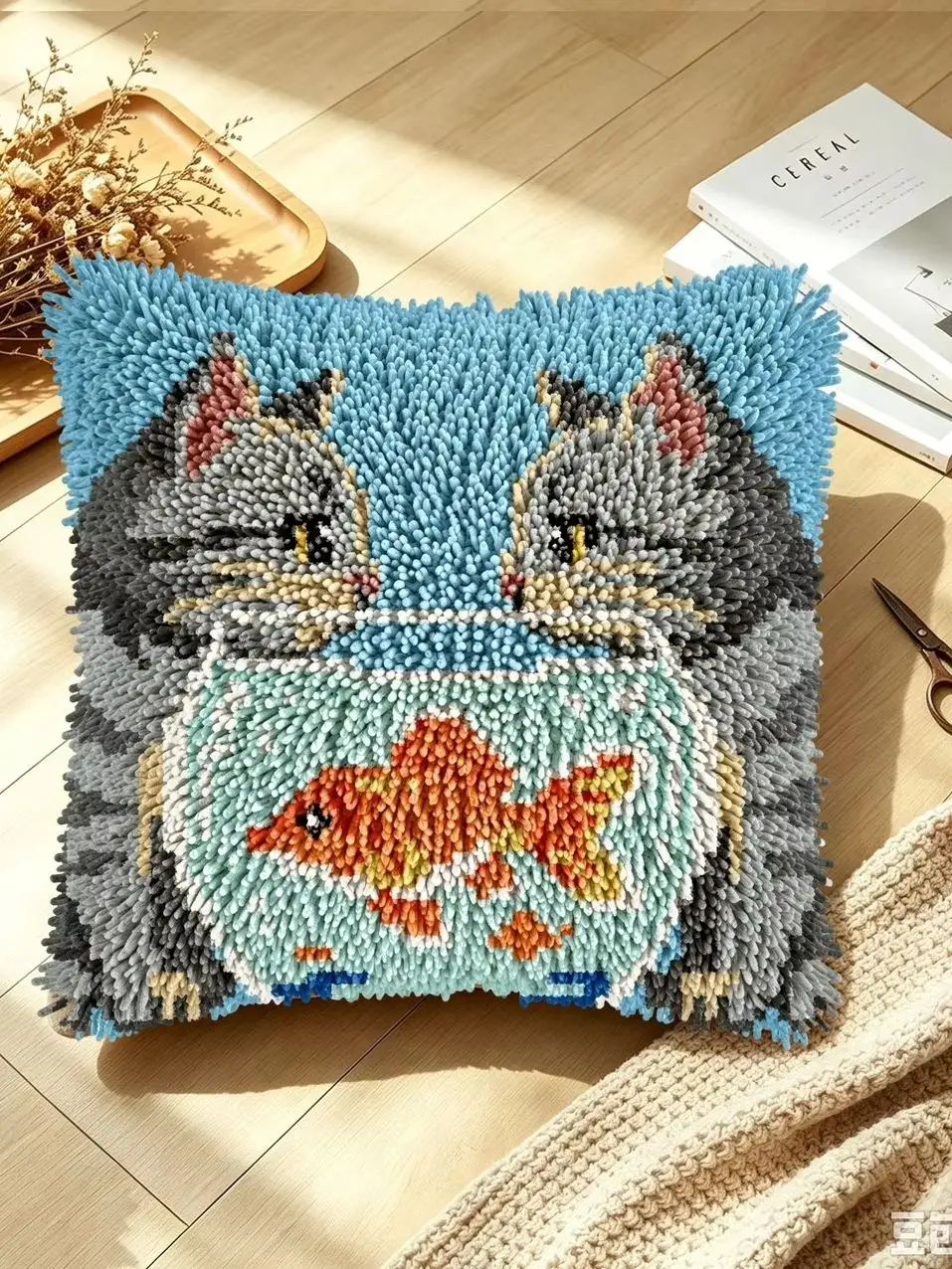 1 Set Aquarium Zwei Katzen Knoten-Kissen Häkelset Kissenbezug-Set für Handarbeiten Häkelsets DIY Anfängerfreundlich Em – Detail 1