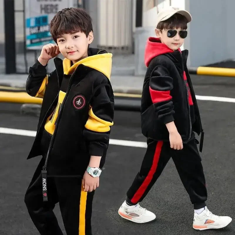 2024 winter Boys tracksuit Autumn Toddler Teenager Clothes vest velvet jacket + Sweatishrt hooded + Pant Children Kids 4 12 year