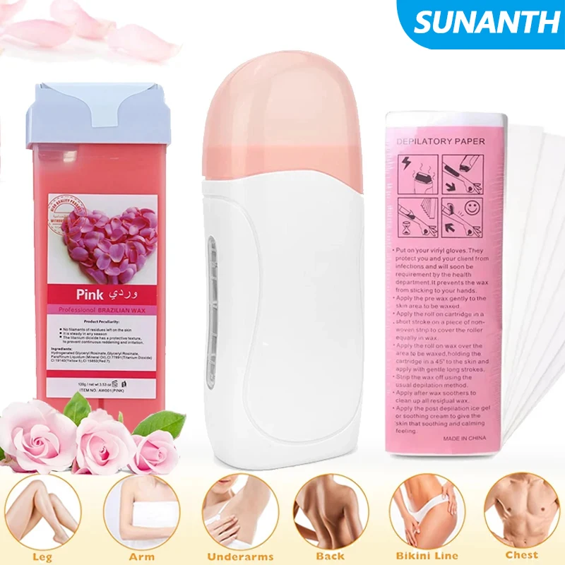 Rose Roll on Depilatory Wax Cream Hair Removal Roller Wax Heater Waxing Hot Cartridge Warmer Equipment Tool Waxing Kit Unisex