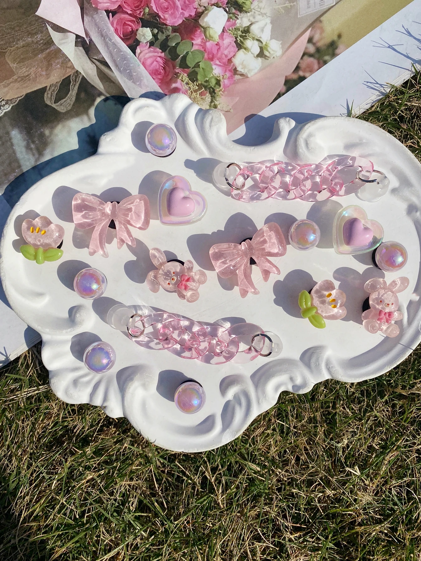 16개 토끼, 리본, 하트, 꽃, 핑크 체인 신발 버클, DIY 장식, 다기능 신발 클립 액세서리 여성용