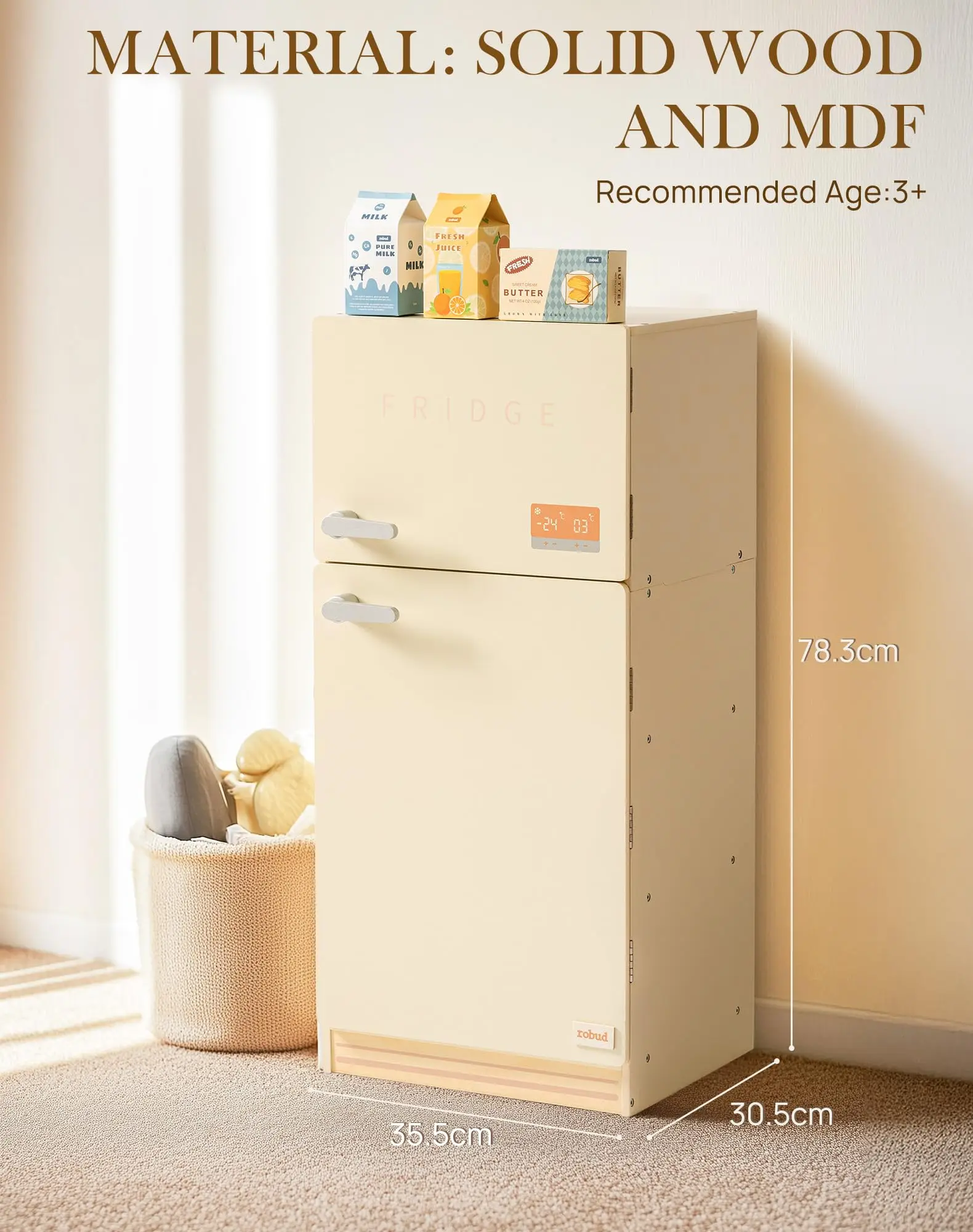 ROBOTIME ROBUD Play Kitchen Ensemble d'accessoires de réfrigérateur en bois pour garçons filles enfants âgés de 3 ans et plus