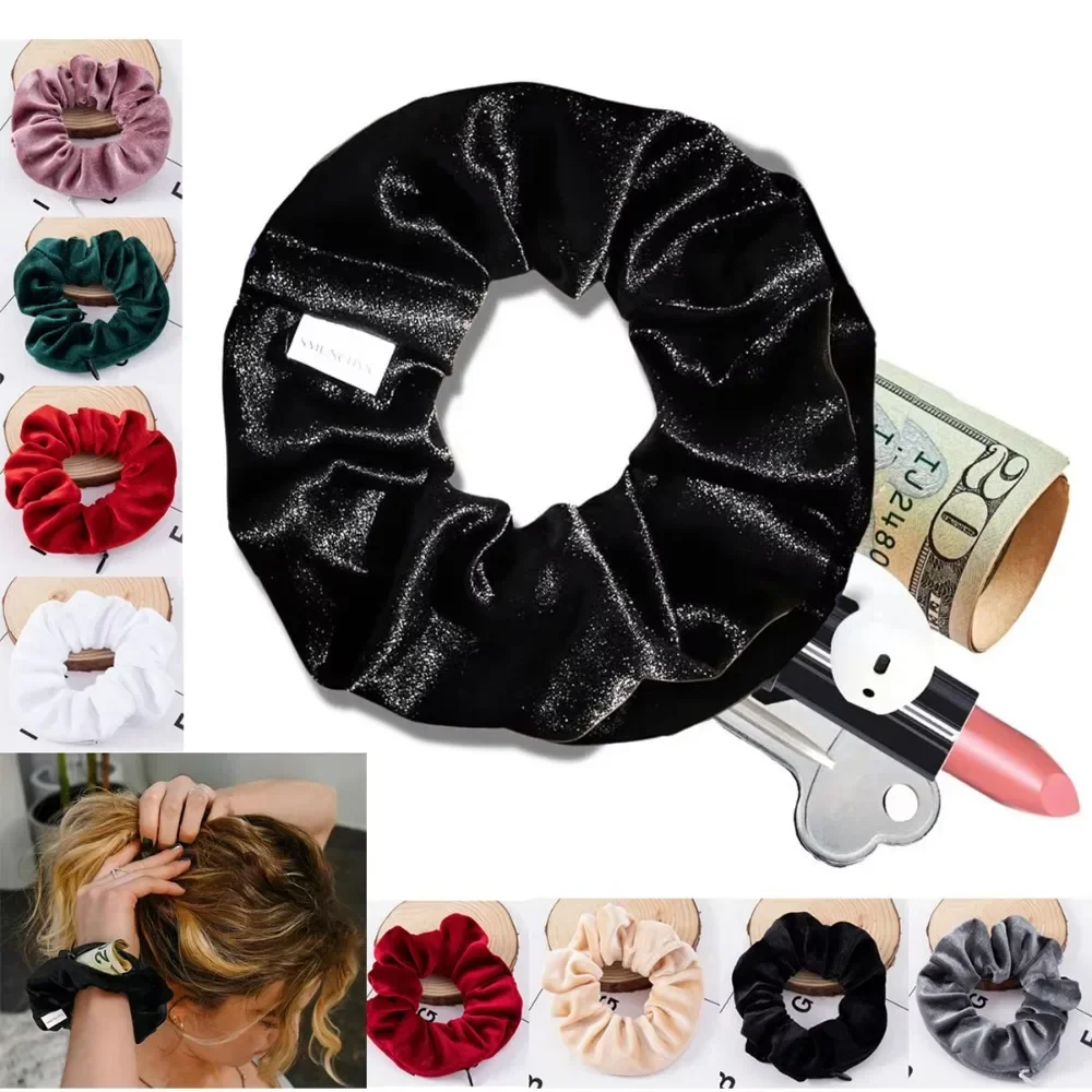 New Velvet Hair Rope,Portable Safe Sight Secret Hair Tie Storage Case Hair Scrunchie With Zipper Hide Key Cash jewelry