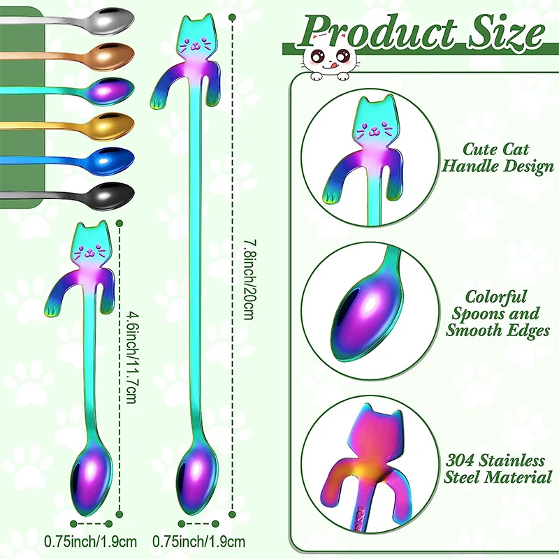 LMETJMA 12Pcs Cat Spoon Coffee Tea Spoon Set Stainless Steel Hanging Cup Teaspoons Mini Long Cute Kitten Stirring Spoon JT167