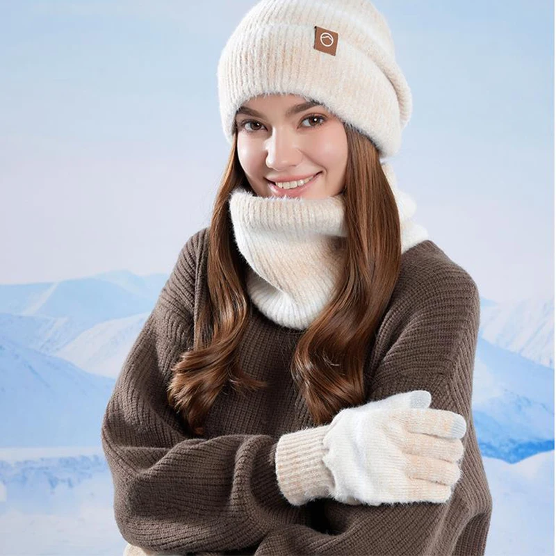 مجموعة قفازات وشاح قبعة شتوية محبوكة للنساء مكونة من 3 قطع من إكسسوارات الملابس الدافئة للطقس البارد