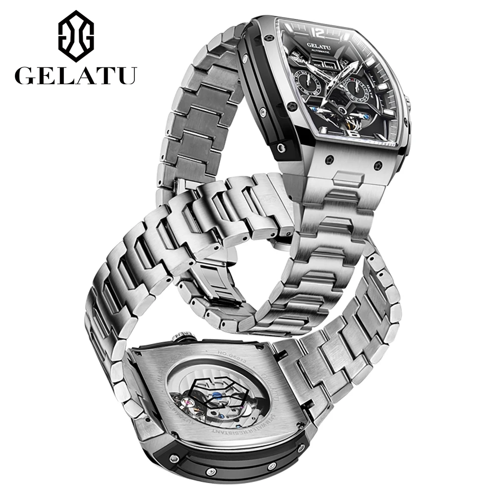GELATU 6013 Man Watch Top Brand Date Week Mechanical Watch For Man Big Dial Hollow Luxury High End Business Watch 50M Waterproof