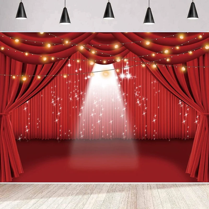 Red Curtain Stage Photography Backdrop Theater Stage Spotlights Prom Evening Background Home Party Backdrop Wall Banner Poster