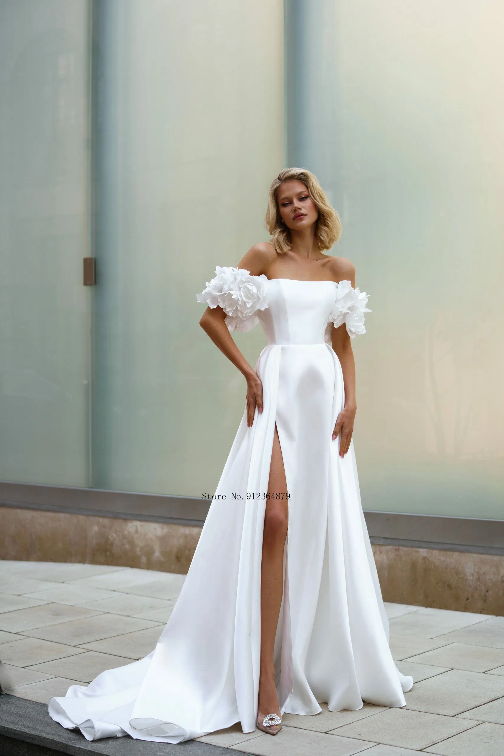 Elegant Ruffles Off The Shoulder Handmaek FlowerSatin Princess A Line Wedding Dresses Side Slit  2024 Vestido De Noival