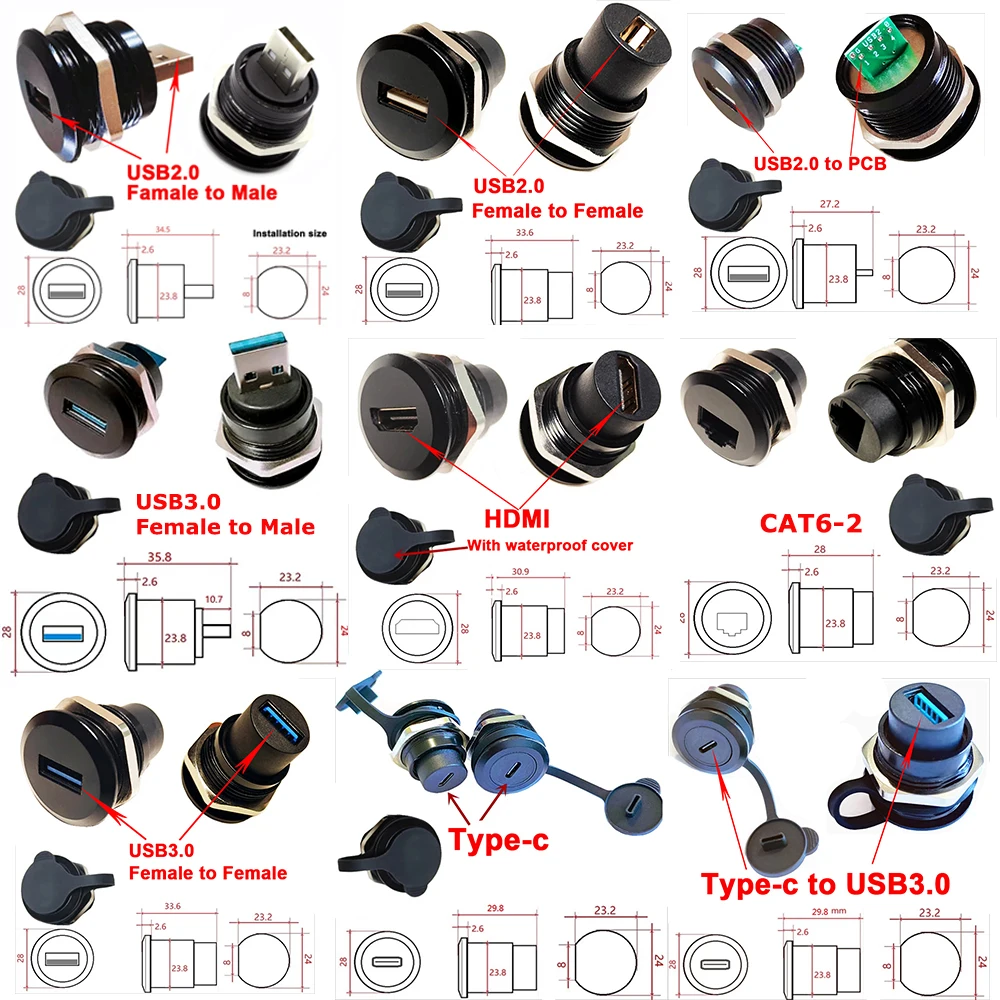 D Type Metal USB2.0 USB3.0 Connector Double Head Coupler with Dust Cap USB Adapter Female to Female Socket Panel Mount