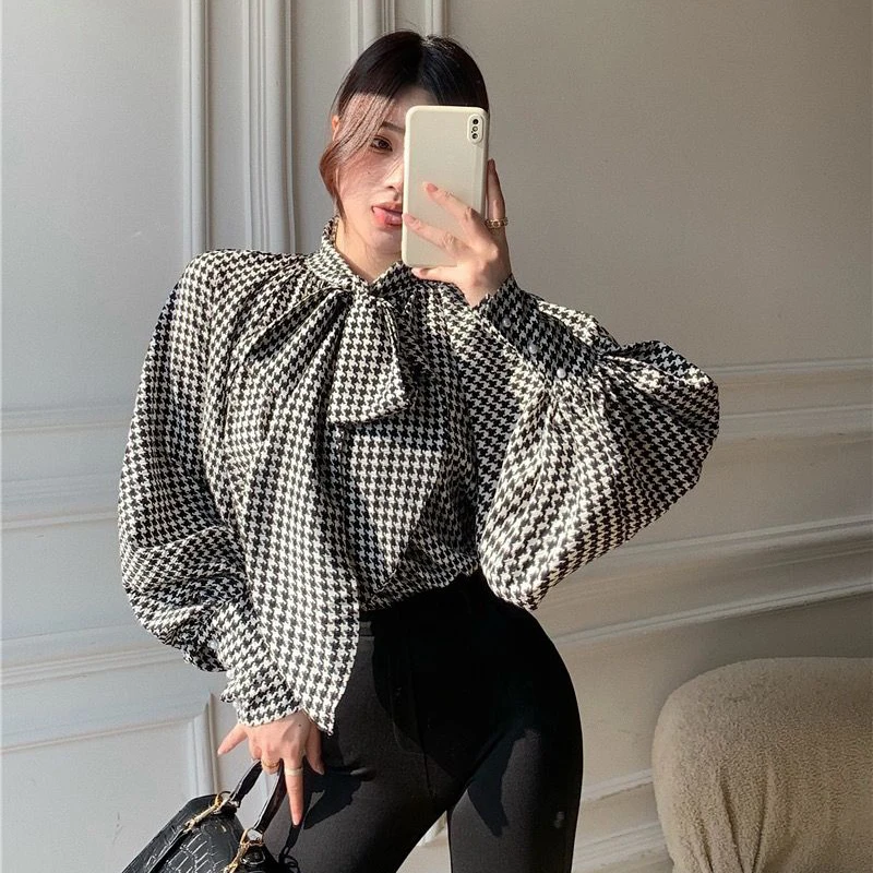 

MEXZT Houndstooth Bow Chiffon Shirt Women Vintage Elegant Print Bandage Lantern Sleeve Blouses Office Lady Korean Thin Loose Top