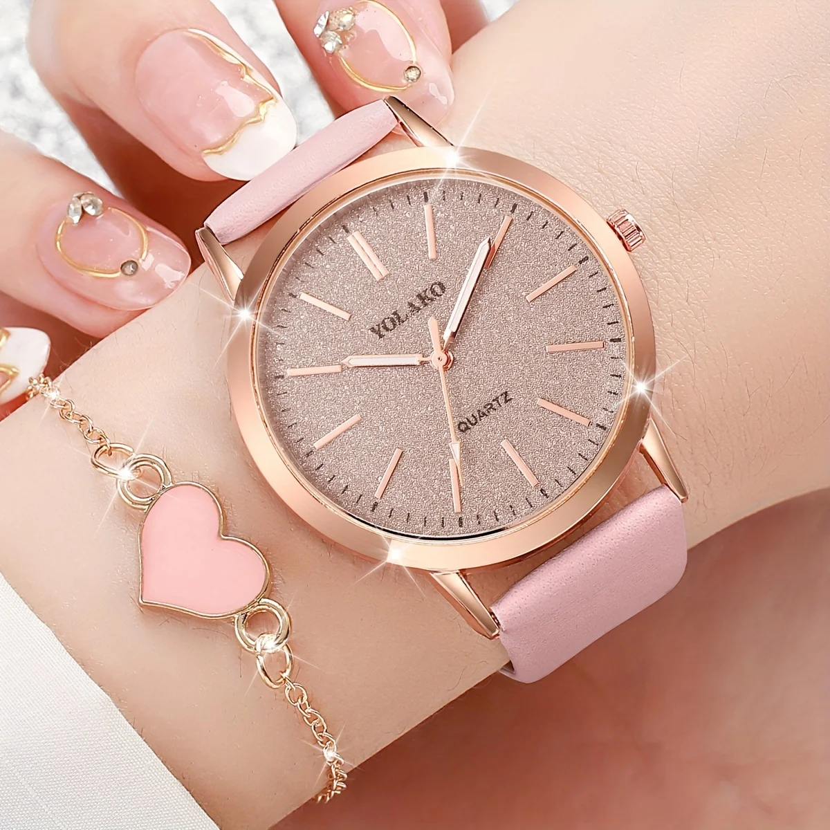 5PCS/Set Women\'s Watch Casual Leather Band Analog Quartz Watches Heart Jewelry Set(Without Box)