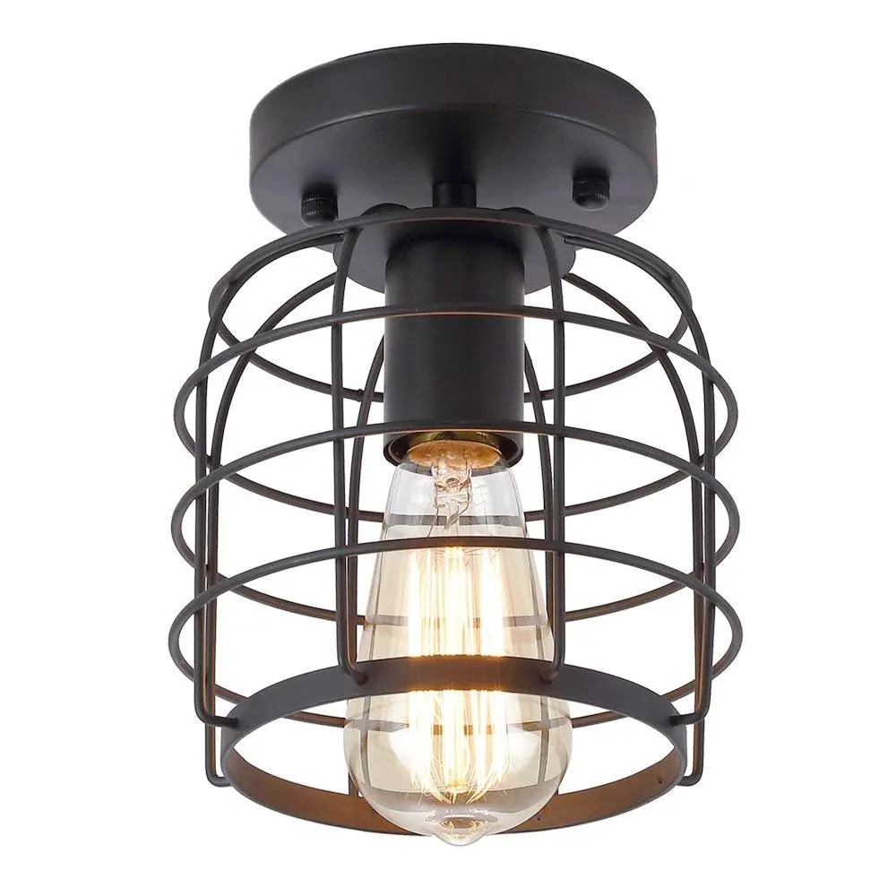 Industrial Vintage Flush Mount Ceiling Light,Rustic Metal Cage Pendant Lighting Lamp Fixture for Hallway Stairway Kitchen Garage