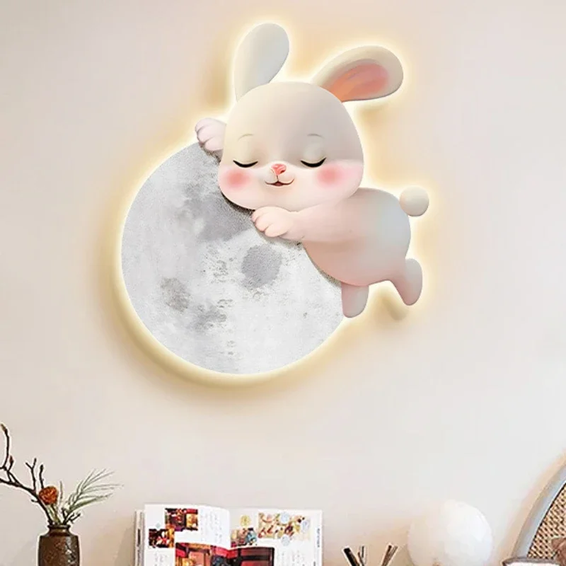 Cartoon Modern Bedroom Decoration Painting Rabbit Main Bedroom Room Headboard Background Wall Hanging Painting Led Light Mural