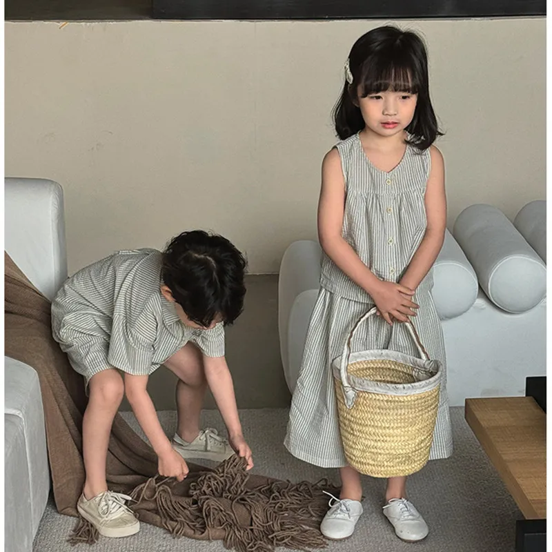 Sister Brother Matching Two Piece Outfits 2024 Summer Korean Children Twins Clothes Boys Shirt Shorts Suit Girls Vest Skirt Sets