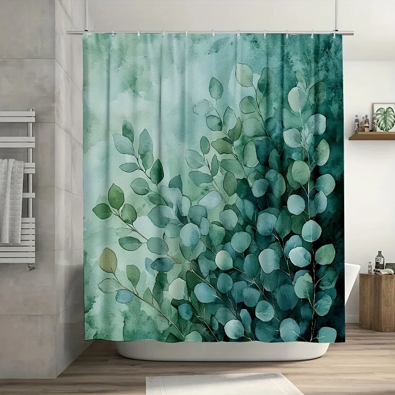 大型水彩画ユーカリグリーンリーフシャワーカーテン植物柄バスルーム防水装飾180x180cm
