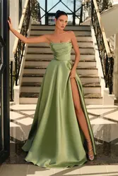 Sage Green Strapless Prom Dress Long Pleats With Split A Linw Satin Floor Length Formal Party Evening Gowns Women Custom made