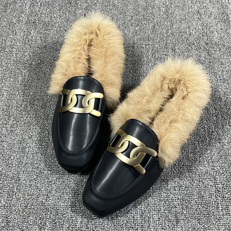 Flat Shoes women 2023 Fashion autumn and Winter Warm wear rabbit hair shoes Rabbit plush Fur Square Head Leather Shoe Girl size