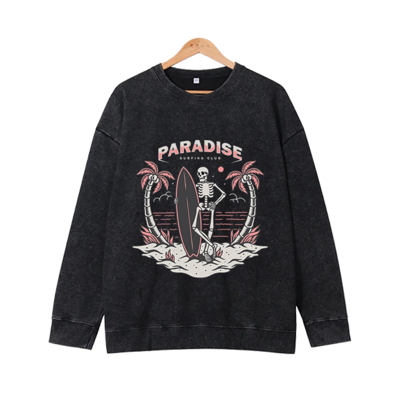 

Fashionable beach surfing printed long sleeved top hip-hop street autumn and winter couple retro washed top