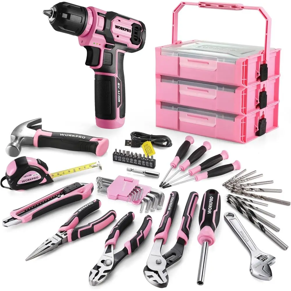 

8V Cordless Lithium-ion 43-Piece Drill Set with Portable Screwdriver and Stackable Toolbox - Pink Ribbon Edition