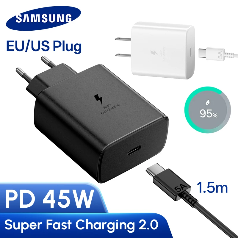 Chargeur d'origine Samsung 45w Charge ultra rapide adaptateur ue US USB C Samsung Galaxy S25 S24 Ultra Plus S22 S23 A56 A54 A52s