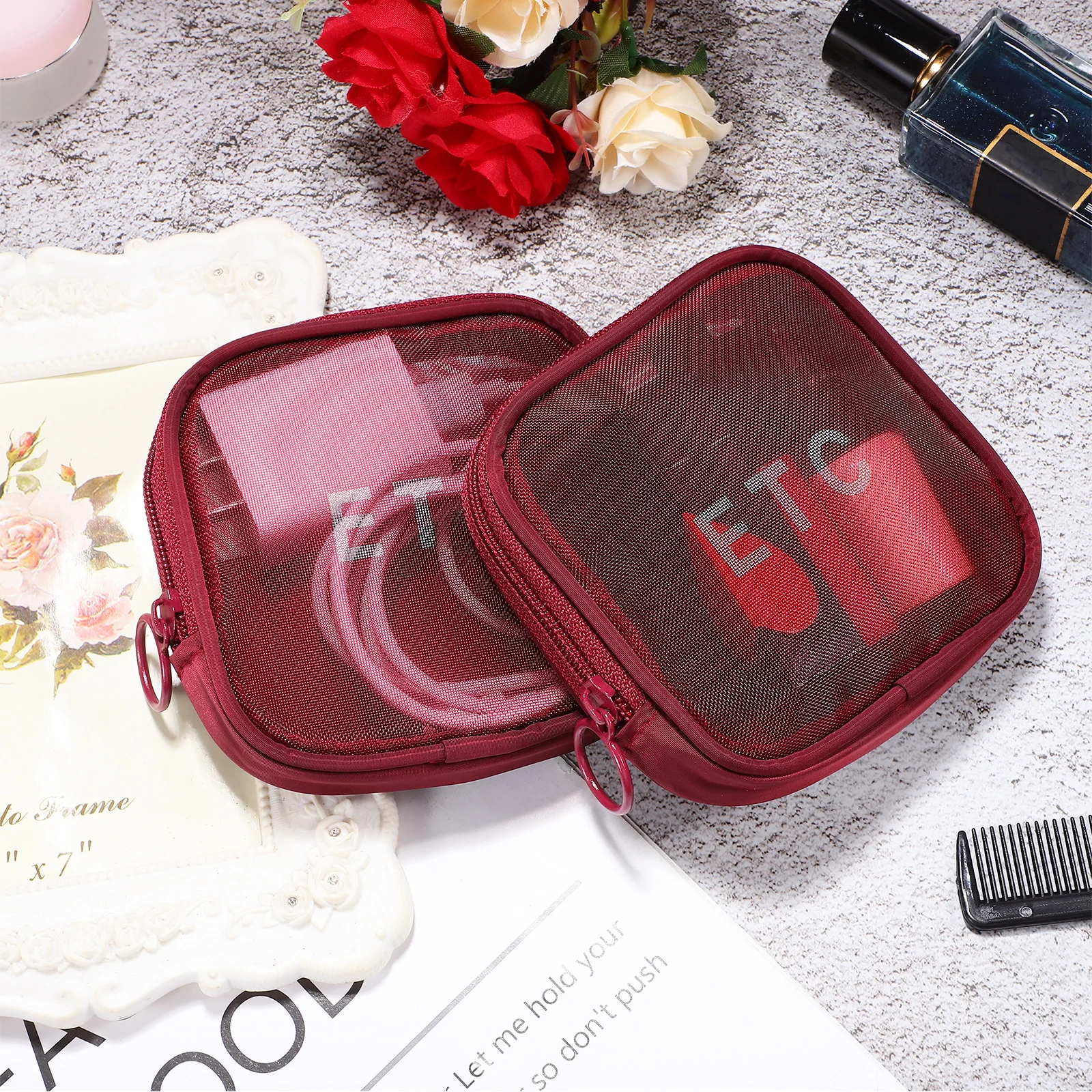 

5 pcs Mesh Bags Small Red Travel Toiletry Pouches Lightweight Travel Makeup Organizers Zipper Design Storage Solution