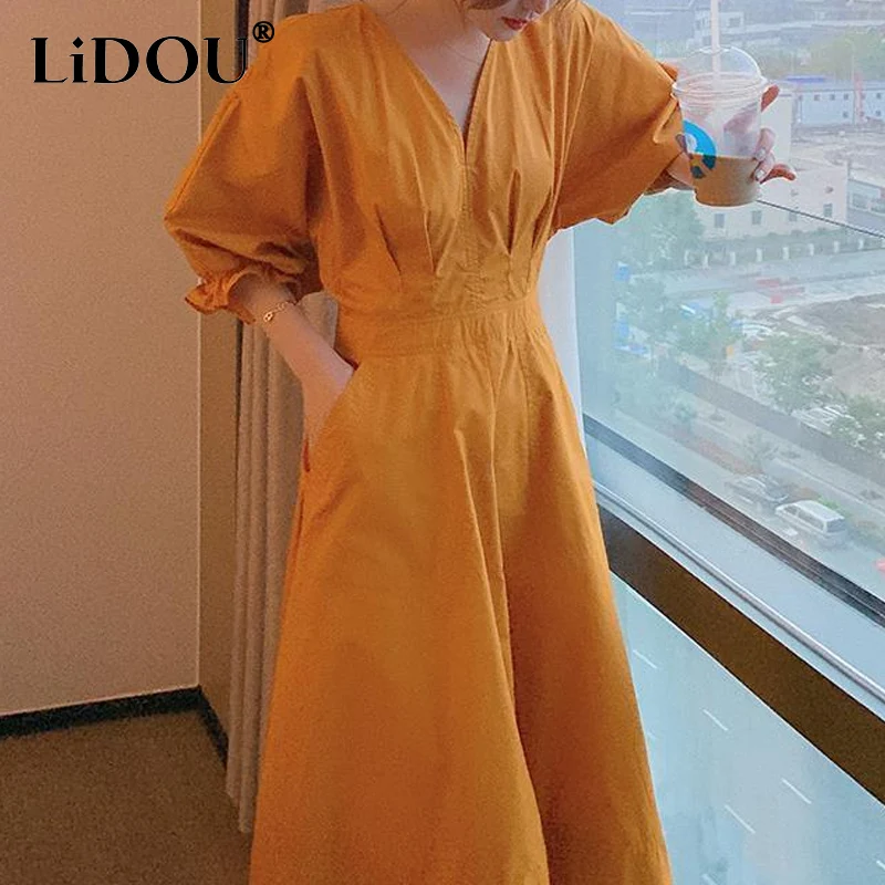 

Summer French Style Elegant Dress Women V-neck Solid Color Lantern Sleeve Fashion Midi Skirts Ladies Vintage Korean Style Robe