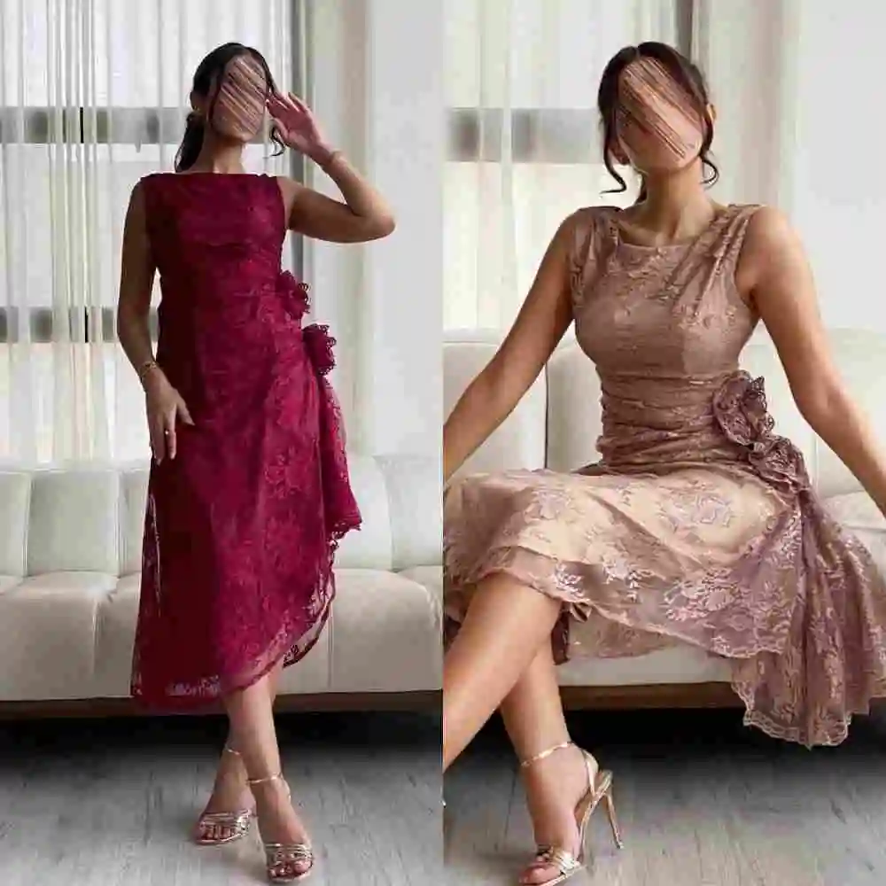 Modern Style Formal Lace Handmade Flower Pleat Ruched Draped A-line High Collar Midi Dresses Cocktail Dresses Classic Casual