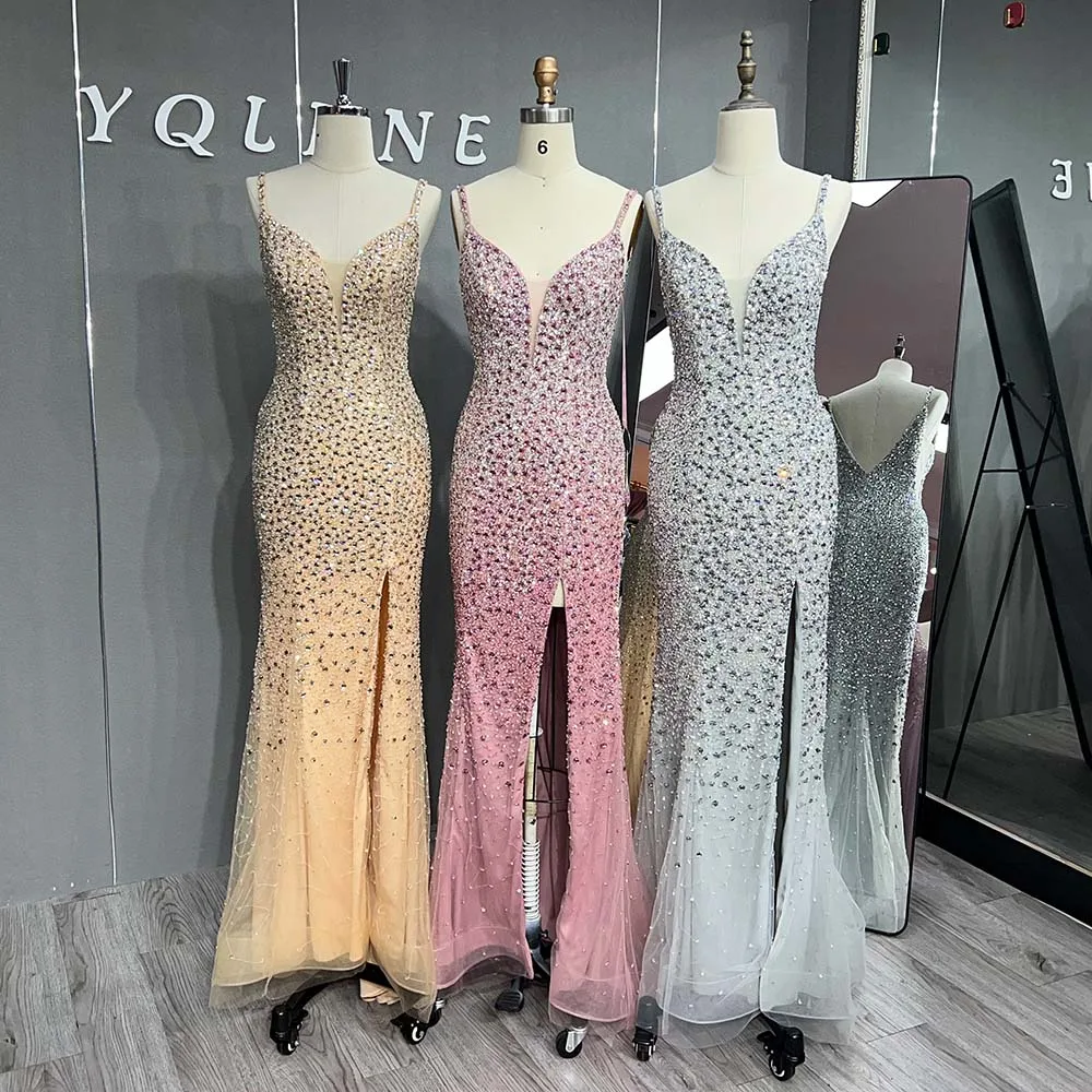 

Luxury Vestidos Silver Rhinestones Evening Dresses Mermaid Straps Tulle Crystals Beaded Women Party Gown YQLNNE