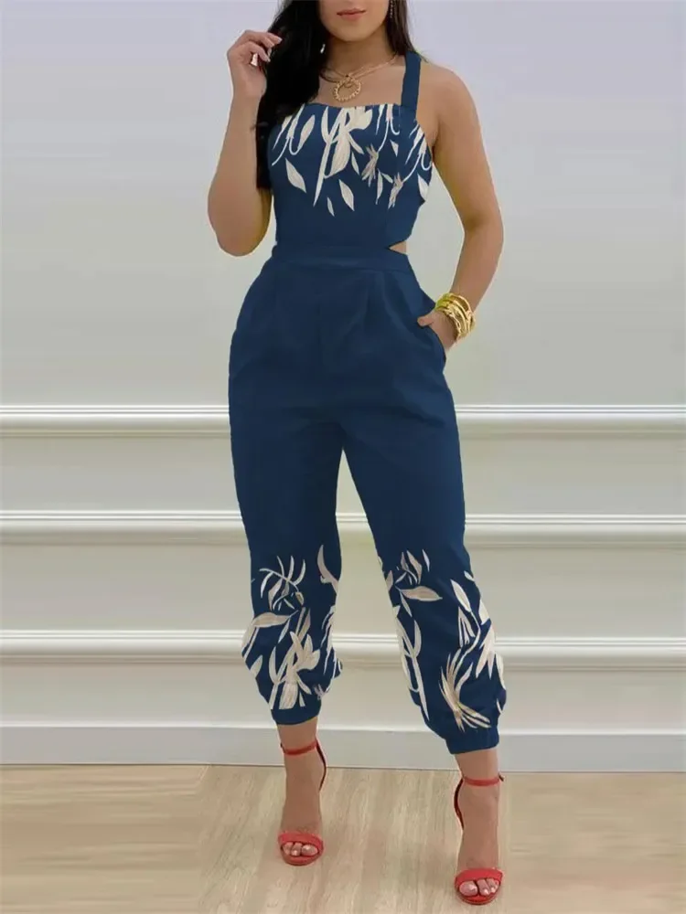 

Plant Print Criss Cross Tied Detail Backless Jumpsuit Women Thick Strap Sleeveless Summer One Piece Jumpsuits